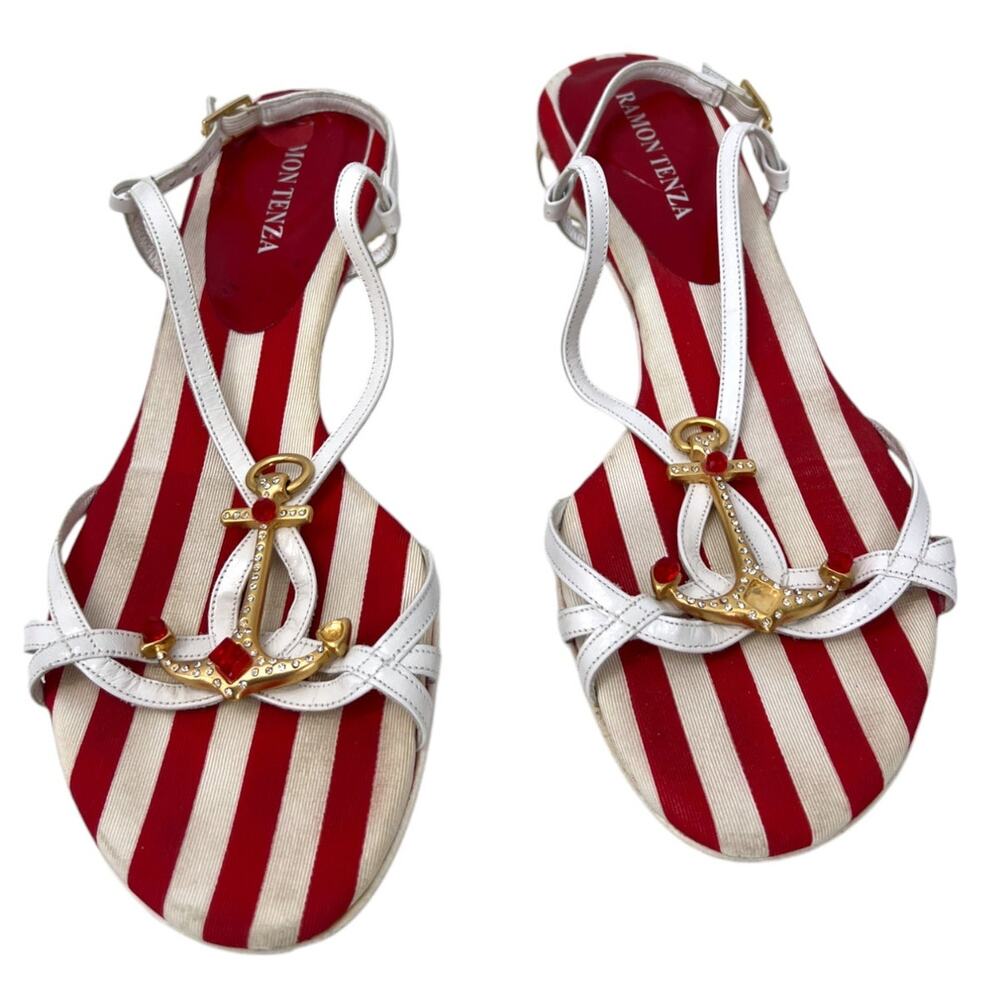 Montenza | 8 | Embellished Gold Anchor Sandal Mod Nautical Sailor Kitten Heel